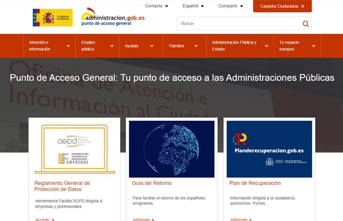 Captura de pantalla de la página de inicio de la web del Punto de Acceso General a la Administración Electrónica