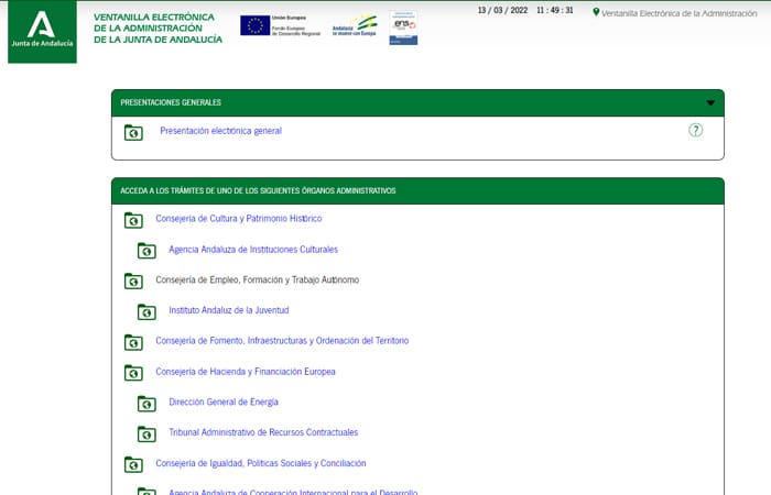 Captura de pantalla de la página de inicio de la web de la Ventanilla Electrónica