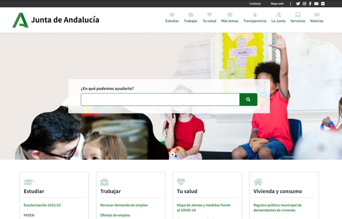 Captura de pantalla de la página de inicio de la web de la Junta de Andalucía