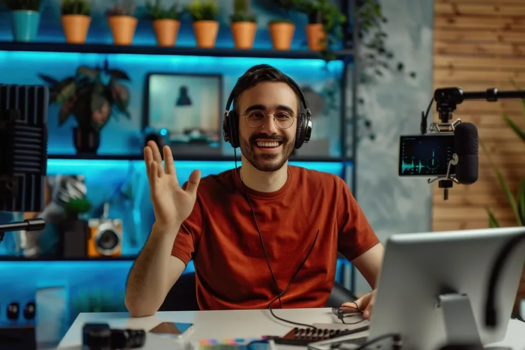 Creador de contenido con auriculares saludando a cámara desde su escritorio mientras graba un vídeo con micrófono y cámara en un estudio.