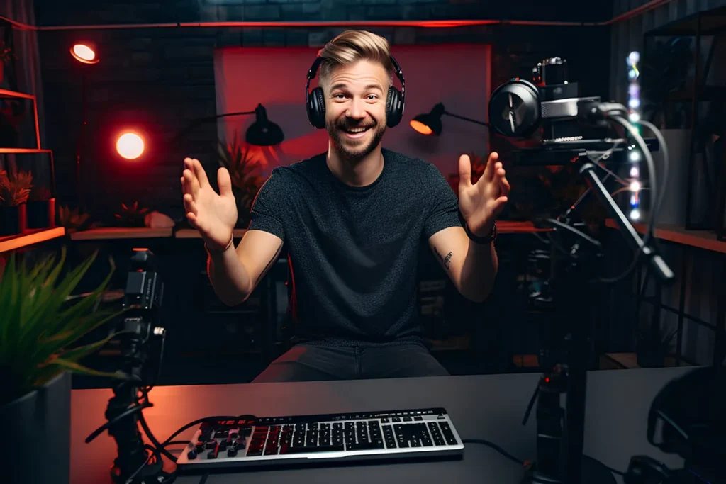 Creador de contenido grabando un vídeo en un estudio con cámara, micrófono y luces, mientras habla frente al equipo con auriculares puestos.
