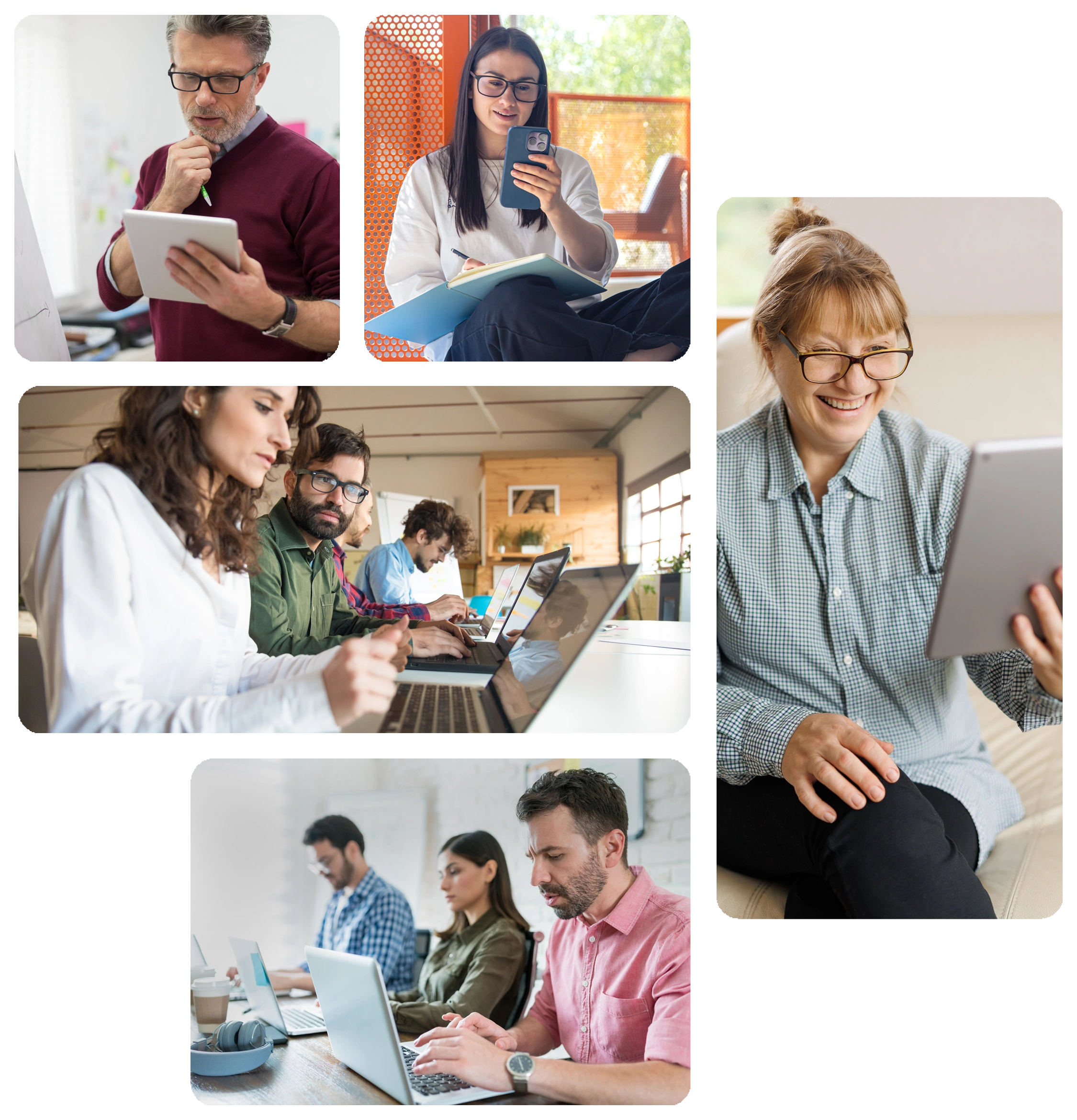 Collage de varias personas de diferentes edades utilizando dispositivos digitales como tabletas, teléfonos móviles y ordenadores portátiles en entornos domésticos y de oficina.