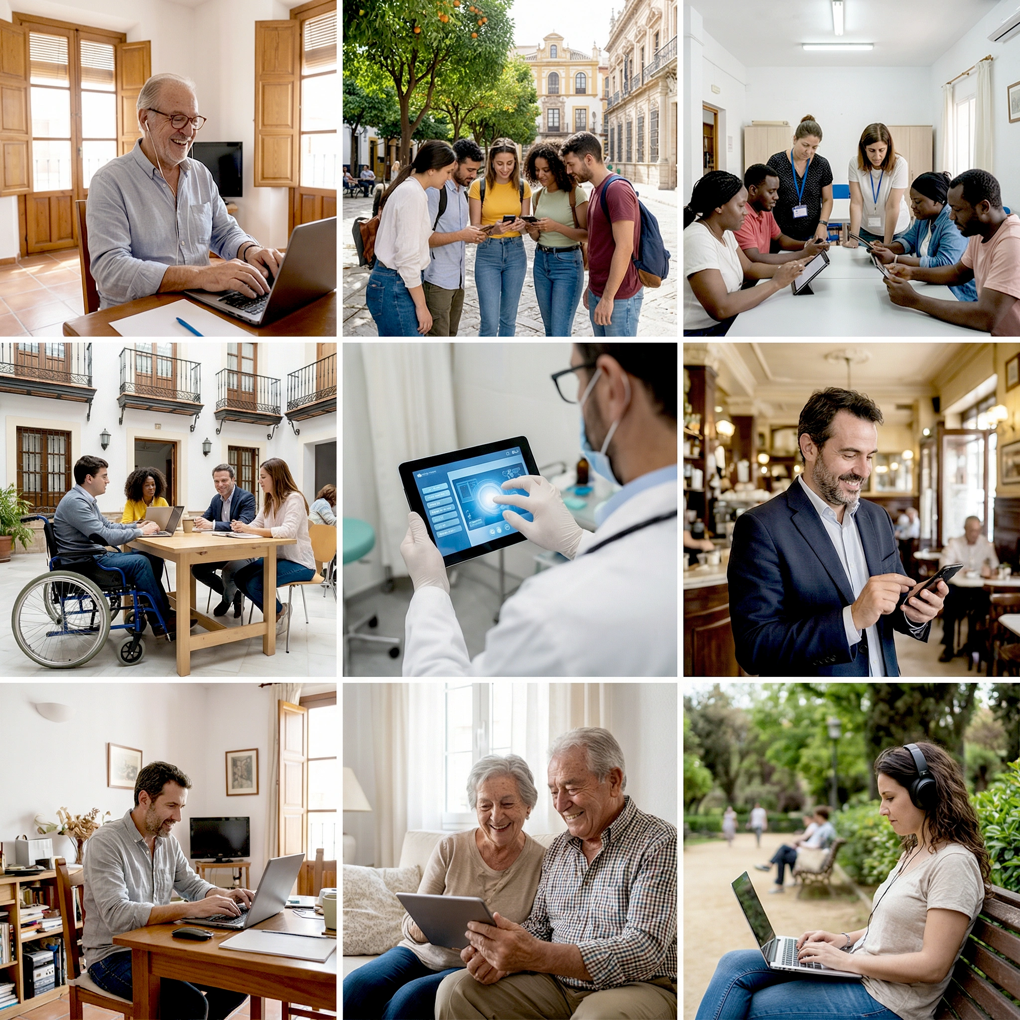 Collage de distintas personas de diferentes edades y contextos utilizando ordenadores, tabletas y teléfonos móviles en entornos domésticos, educativos, profesionales y al aire libre, representando formación y uso de tecnología digital.