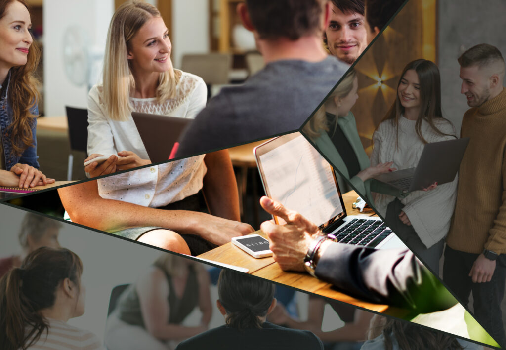 Se observan a varias personas trabajando y colaborando durante una formación en una sala parecida a un coworking.