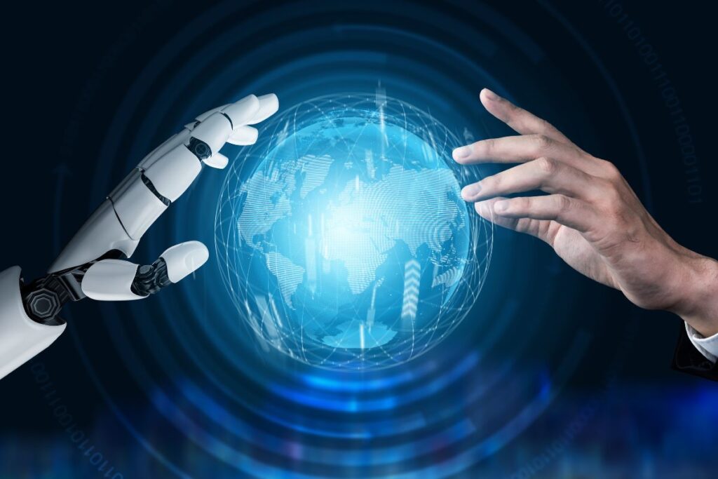 Mano de un robot y de una persona