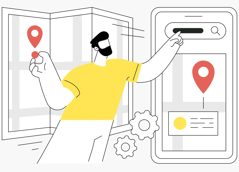 Ilustración de un hombre utilizando una aplicación móvil de mapas para localizar un lugar, con un mapa desplegado y marcadores de ubicación.