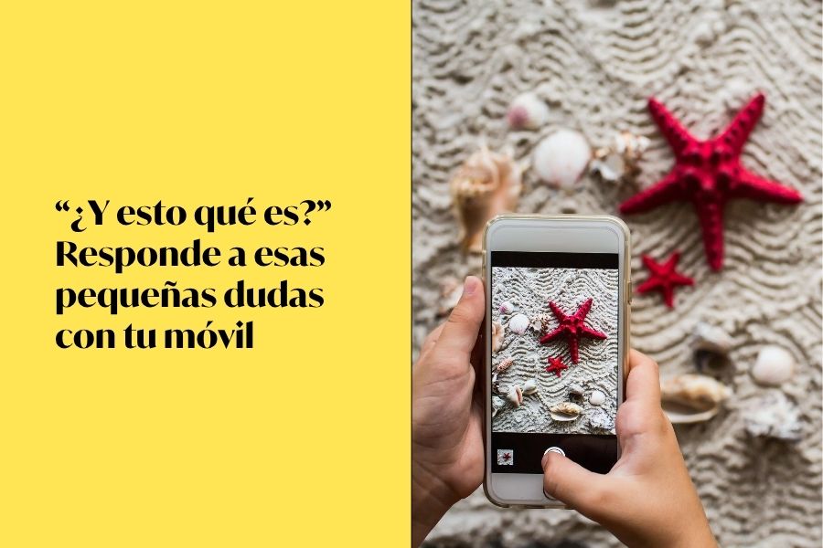 "¿Y esto qué es?" Responde a esas pequeñas dudas con tu móvil. Una persona hace una foto a una estrella de mar en la arena con su móvil.
