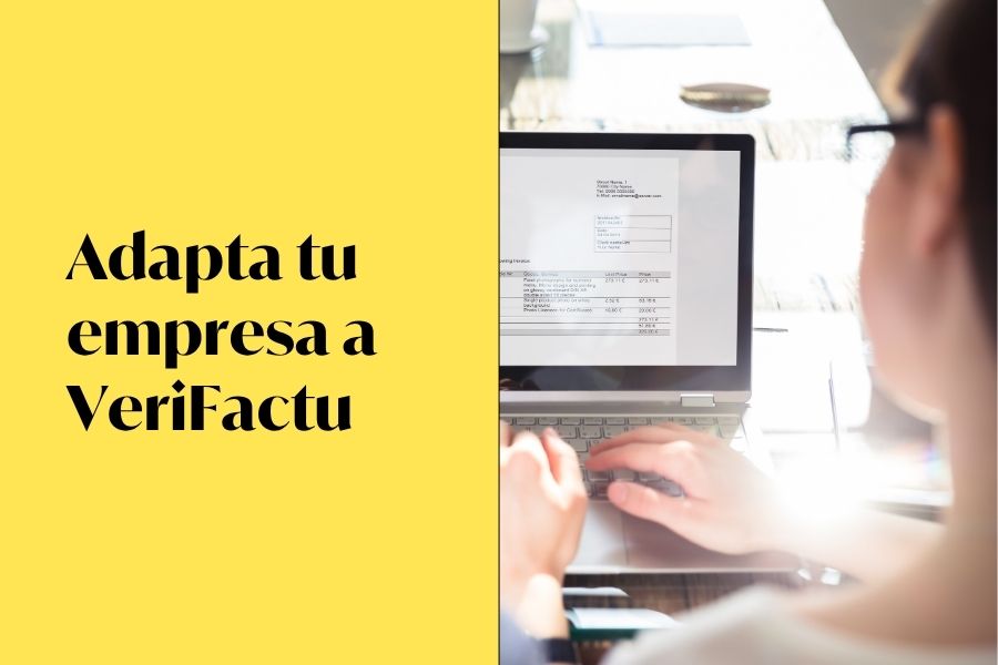 Mujer trabajando en su ordenando con una factura. Título "Adapta tu empresa a VeriFactu".